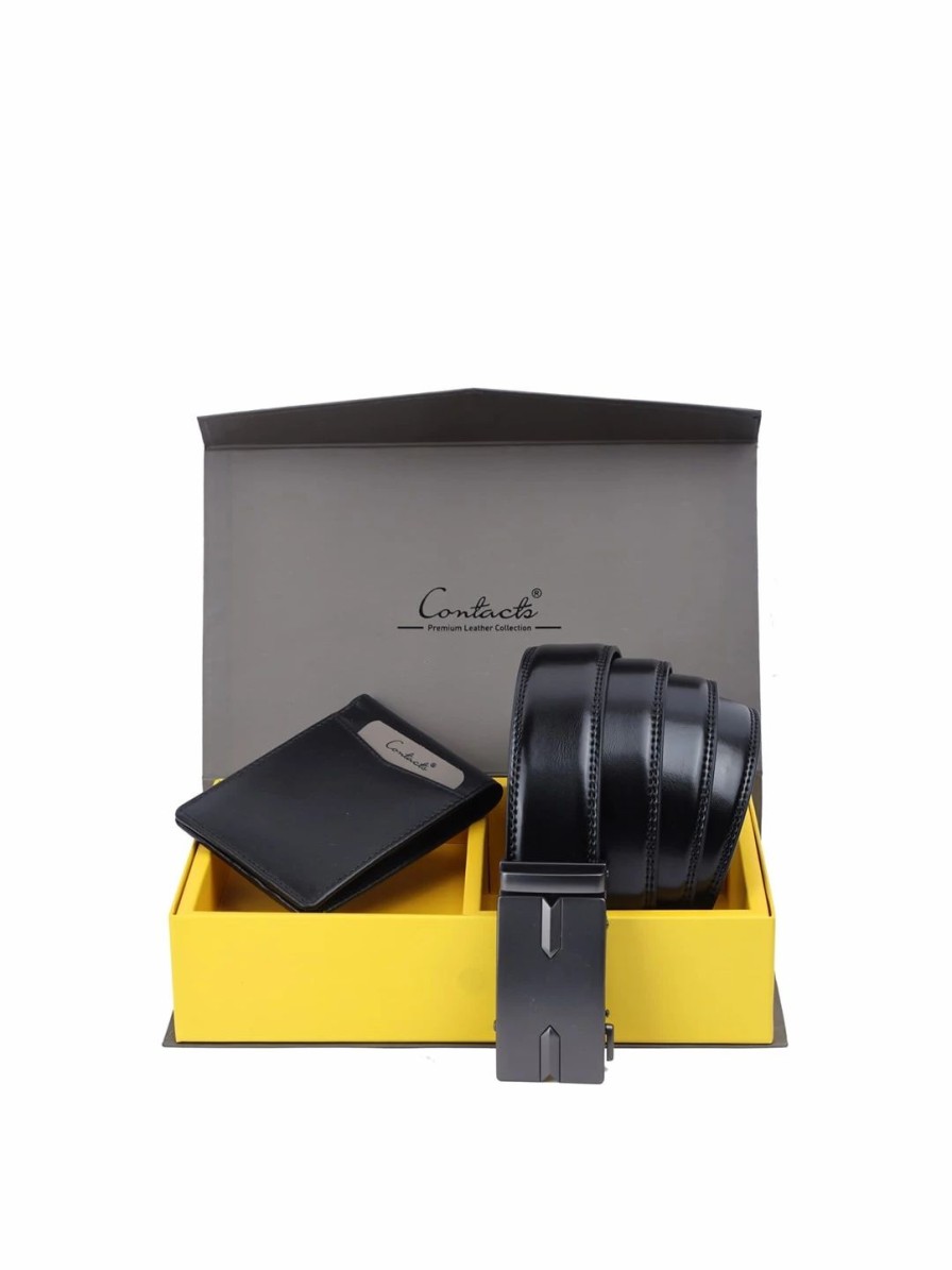 * Contacts Men Black Solid Leather Belt And Wallet Accessory Gift Set | Accessory Gift Set